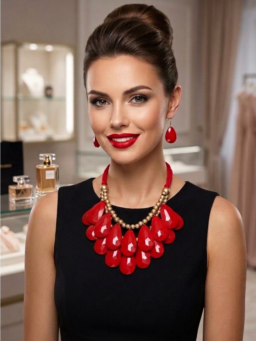 Statement Red Teardrop Bib Necklace with Matching Earrings